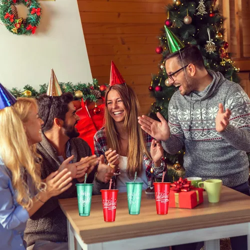 Miniatura 6 de Tioncy 50 vasos de plástico de Navidad con tapas y popote a granel, vasos de plástico de Navidad reutilizables de 25 onzas, tazas de Navidad