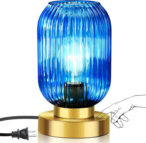 Miniatura 12 de Lámpara de mesa moderna de mediados de siglo, control táctil y regulable de 3 vías, pantalla de vidrio acanalado verde, dorado pequeño, lámpara