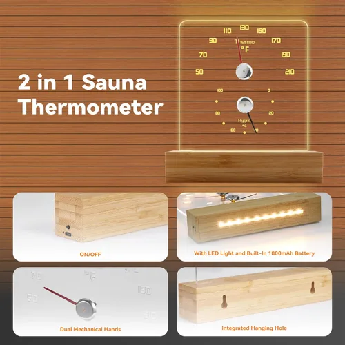Miniatura 5 de Yofidra Termómetro de sauna 2 en 1 Fahrenheit Termómetro higrómetro con luz LED Accesorios de sauna para sala de sauna Hotel