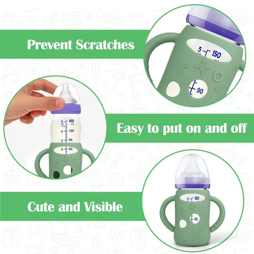 Miniatura 6 de BUSOHA Paquete de 3 fundas de silicona para botellas de vidrio Lansinoh, fundas de cuello ancho para biberones de Lansinoh, soporte para biberones