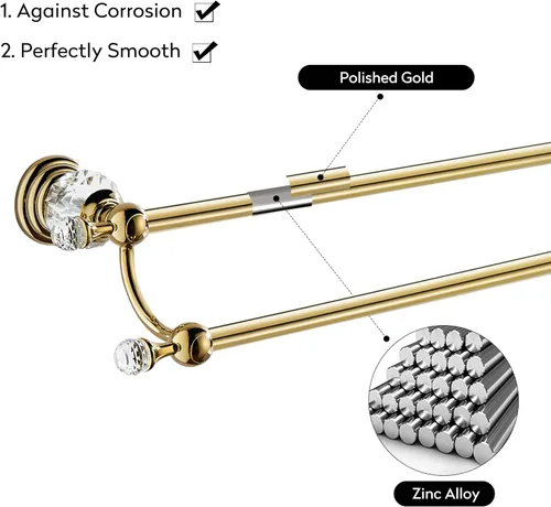 Miniatura 3 de WINCASE Toallero de cristal doble, barra de toalla dorada ajustable de 18 a 30 pulgadas, toallero para baño montado en la pared Toallero doble dorado