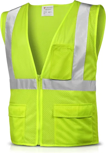 Glove Station Glow Shield - Chaleco de seguridad ANSI de alta visibilidad clase 3 con mangas, rayas reflectantes anchas y cierre de cremallera Verde