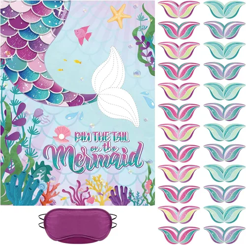 Juego de fiesta de sirena con cola adhesiva Faccito Juego de sirena Incluye póster grande de 21 x 28 pulgadas 24 piezas de pegatinas reutilizables