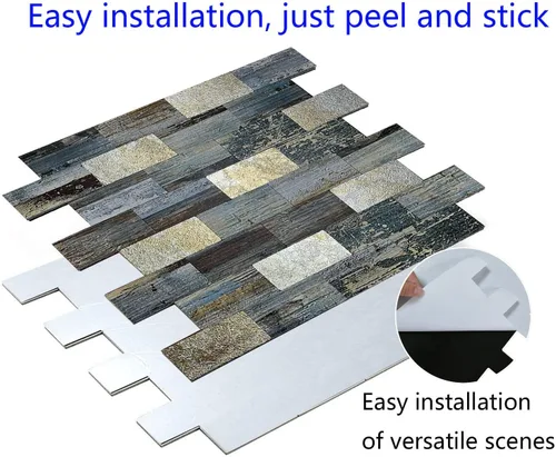 Miniatura 6 de Azulejo metálico de PVC para despegar y pegar, 10 hojas, adhesivo de pared de grano de madera autoadhesivo, fácil de pegar en paredes de cocina