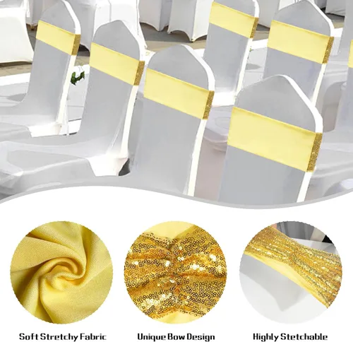 Miniatura 4 de SquarPie - Paquete de 50 bandas para silla, de elastano elástico dorado, lazos de lentejuelas unilaterales para decoración de bodas, fiestas