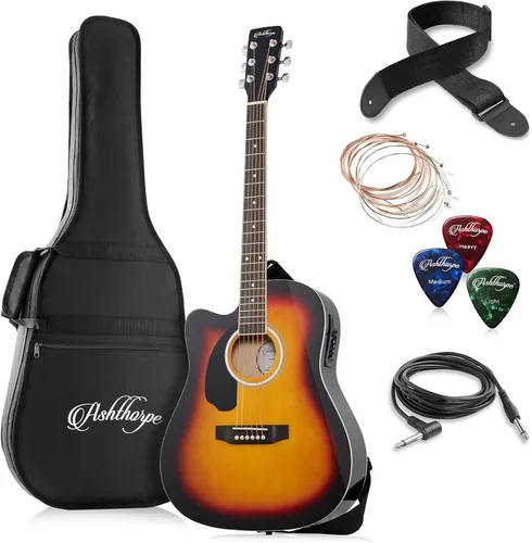 Miniatura 9 de Ashthorpe Paquete de guitarra acústica-eléctrica de tamaño completo para zurdos Dreadnought Cutaway, Tonewoods premium, color negro