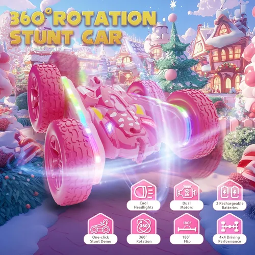 Miniatura 2 de Terucle - Automóvil de control remoto para niñas, autos RC rosas, vehículo de acrobacias RC para niñas, juguetes de doble cara de 360° giratorio