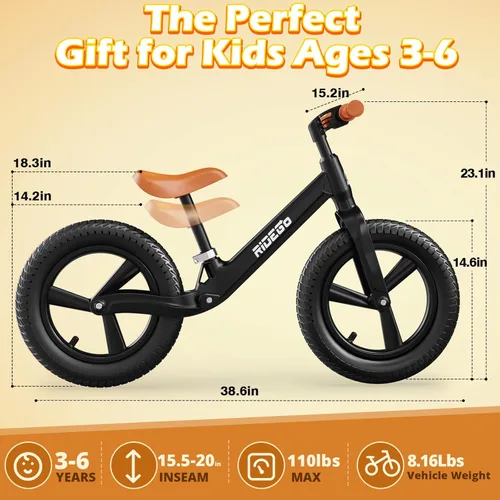 Miniatura 6 de Ridego Bicicleta de Equilibrio de 14 Pulgadas para Niños de 3 a 6 Años, Bicicleta Ligera para Niños con Asiento Ajustable, Bicicleta con Empuje