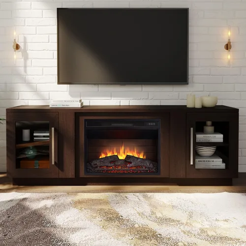 Miniatura 13 de Cheerway Soporte de TV con chimenea 3D para televisores de hasta 65 pulgadas, mesa de centro de entretenimiento multimedia de madera y gabinetes