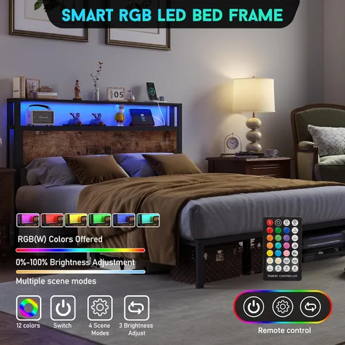Miniatura 3 de Base de cama tamaño completo con cabecero, estructura de cama de plataforma metálica con luces LED y estación de carga, almacenamiento debajo
