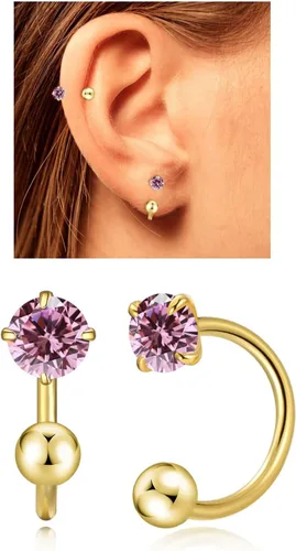 Miniatura 14 de Aretes Huggie de medio aro para mujeres y niñas, pequeños aretes de cartílago, aretes de botón con piedra natal para mujeres, aretes de botón
