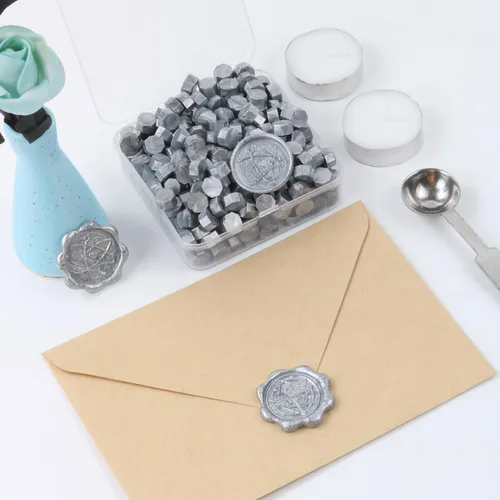 Miniatura 2 de Juego de 300 cuentas de cera de sellado de plata para sello de cera con velas y cuchara de fusión, perfecto para tarjetas de Navidad, sobres