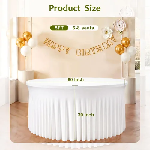 Miniatura 4 de Mantel redondo de 60 pulgadas blanco con borde elástico – Mantel ajustado sin arrugas y lavable para mesa redonda de 5 pies, mantel reutilizable