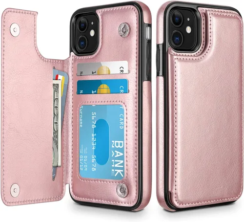 HianDier - Funda tipo cartera para iPhone 11 de 6.1 pulgadas, funda protectora con ranuras para tarjeta de crédito, foto, piel sintética suave, Oro