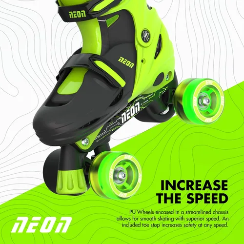 Miniatura 4 de Yvolution Patines combinados de neón, patines 2-1 cuádruple y en línea para niños con ruedas LED, tamaño ajustable (verde, 12-2)