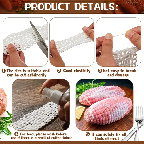 Miniatura 4 de Boyiee 4 rollos de red de carne, tamaño 16 elásticos para carne ahumada, aves de corral, jamón de carne, cordel de carnicero, cuerda de cocina