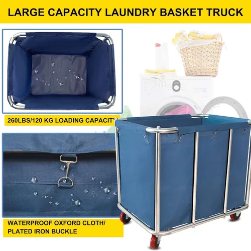 Miniatura 3 de Carrito de lavandería comercial con ruedas, carrito de lavandería grande de 11.35 bushel, cesta de lavandería comercial de acero inoxidable Azul