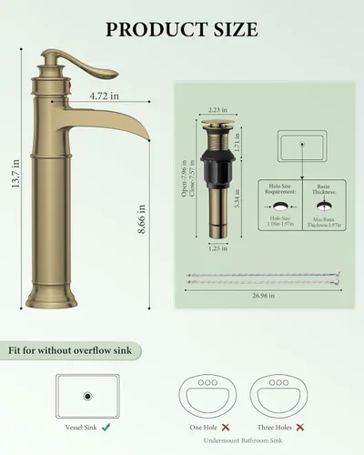 Miniatura 6 de Grifo de lavabo de lavabo de oro cepillado, grifo de baño alto de una sola manija, grifo de fregadero de un solo orificio con ensamblaje de drenaje