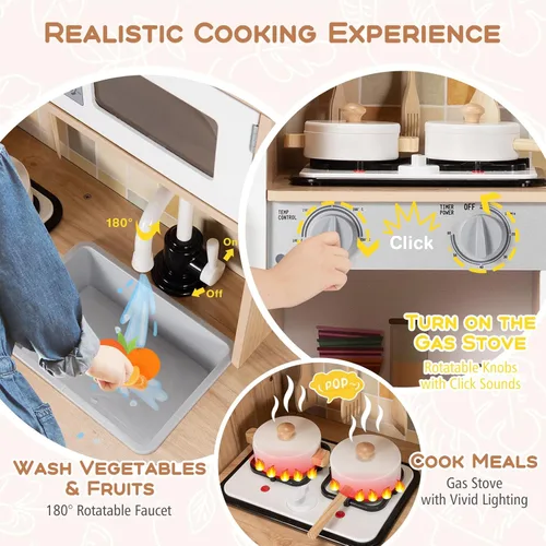 Miniatura 3 de Costzon Juego de cocina para niños, cocina de juguete de madera con luz y sonido, microondas, máquina de hielo, horno, fregadero y grifo, accesorios