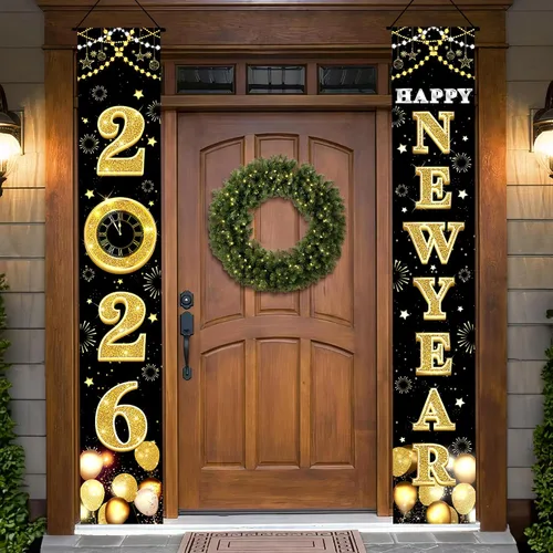 KatchOn XtraLarge Pancarta de Feliz Año Nuevo 2026 – 72 x 12 pulgadas | Pancarta de puerta de Feliz Año Nuevo negra y dorada para decoraciones de