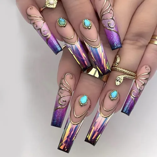 Uñas postizas largas cuadradas de acrílico artificiales con punta francesa, diseño de mariposa dorada, diseño de mariposa dorada, uñas postizas con
