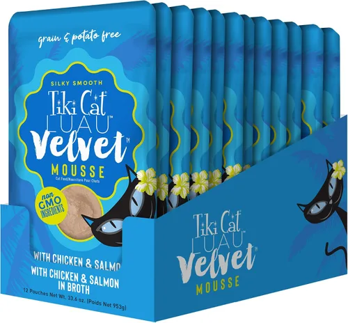 Miniatura 2 de Tiki Cat Luau Velvet Mousse, pollo y salmón en caldo, nutrición completa para una dieta equilibrada, comida húmeda para gatos para todas las etapas