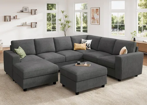 Miniatura 20 de HONBAY Sofá modular de pana con almacenamiento en forma de L para sala de estar, sofá seccional de 6 plazas, color beige