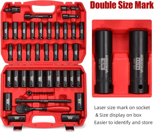 Miniatura 2 de KBOISHA Juego de llaves de impacto de 1/2", 48 piezas de 6 puntos profundos de 6 puntos de zócalos estándar SAE y métricos CR-V con adaptador