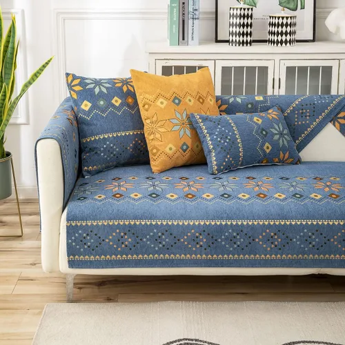 Miniatura 5 de Funda de sofá de chenilla para sofá modular, diseño geométrico bohemio y jacquard antideslizante, protector de muebles para niños, perros y Azul