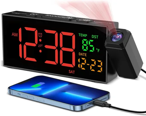 Miniatura 8 de Netzu Reloj de proyección para techo de dormitorio, despertadores con proyector giratorio de 180°, temperatura de fecha y día de la semana, DST