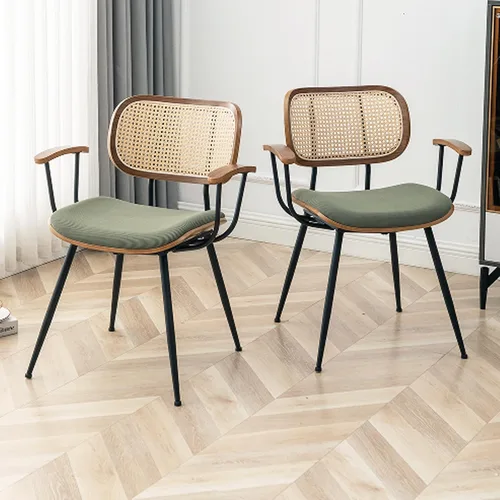 Miniatura 11 de Juego de 2 sillas de comedor de ratán, sillas auxiliares de cocina modernas de mediados de siglo, sillas de escritorio con patas de metal, sillas