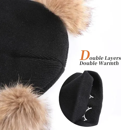 Miniatura 5 de Muryobao Gorro de invierno para mujer, suave y cálido, con cierre de calavera, con doble pompón, orejas