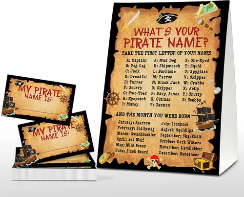 Miniatura 10 de Juego de "What's Your Pirate Name" - Juegos vintage de fiesta de cumpleaños pirata para niños - Actividad escolar familiar en el aula - 1 letrero