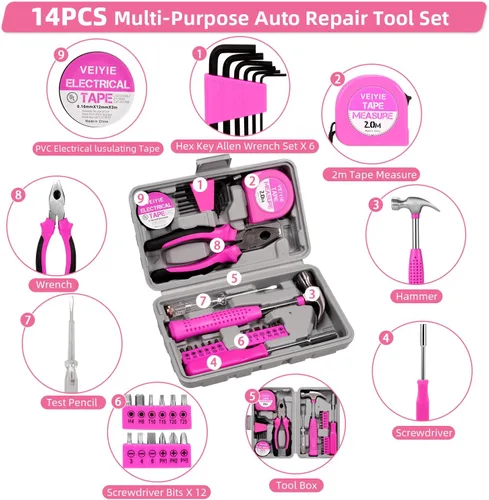 Miniatura 3 de Kit de emergencia para vehículos en carretera, kit de primeros auxilios rosa para automóvil con cables de puente, kit de seguridad para coche