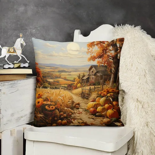Fundas de almohada decorativas cuadradas de terciopelo con diseño de paisaje, campo, otoño, otoño, 12 x 12 pulgadas, para Acción de Gracias, para el