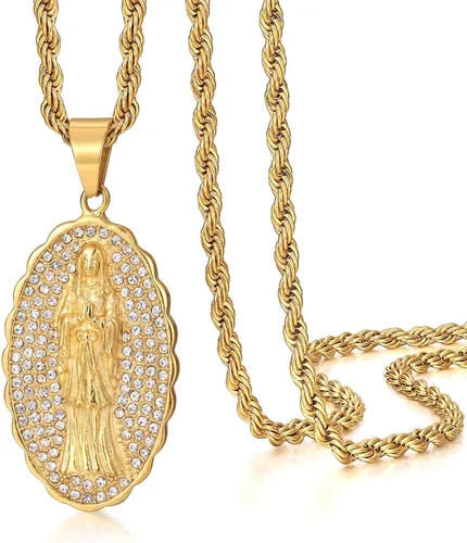 ROWINCO - Collares colgantes chapados en oro de 18 quilates con colgante de Virgen María Chian para hombres y mujeres ovalados para Nuestra Señora