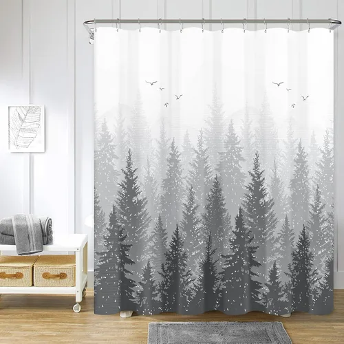 Miniatura 18 de Hokibero Cortinas de Ducha de Tela con Diseño de Bosque Brumoso Azul, Montaña, Naturaleza, Árbol para Baño, Impermeables, Resistentes, Azul Marino
