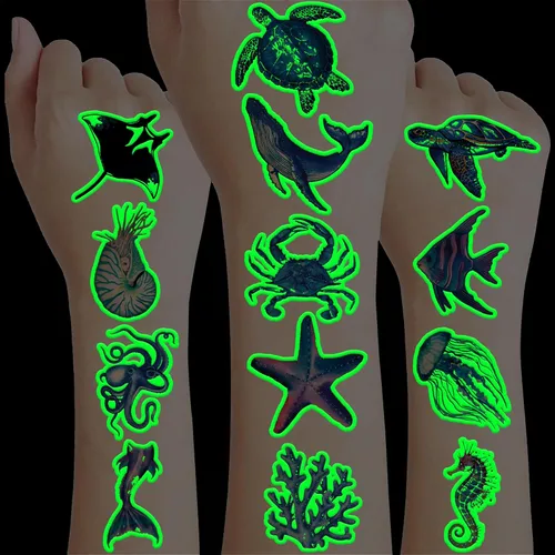 96 piezas de tatuajes temporales luminosos precortados con temática de océano, decoración de fiesta de cumpleaños, suministros de decoración que