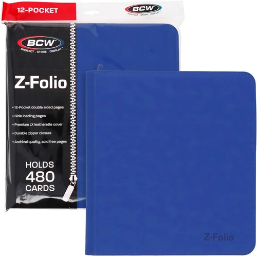 BCW Z-Folio LX - Cartera con cremallera – Álbum de 12 bolsillos de cuero sintético azul premium – Cremallera segura – Capacidad de 480 tarjetas –