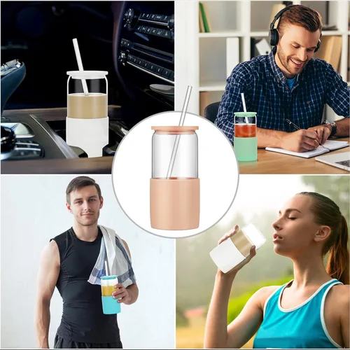 Miniatura 7 de Sunseeke Vaso de vidrio con popote y tapa, taza de café helado de 16oz, manga de silicona y cepillos de limpieza, vasos para agua, café helado