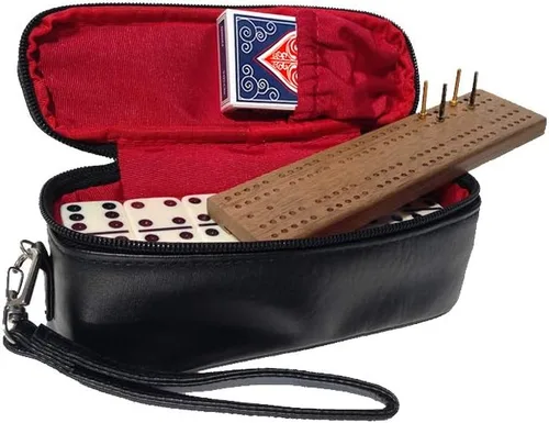 Alex Cramer The Perfect Traveler Classic Domino Set con estuche de viaje de aspecto de cuero y una baraja de naipes en miniatura (juego de dominó)