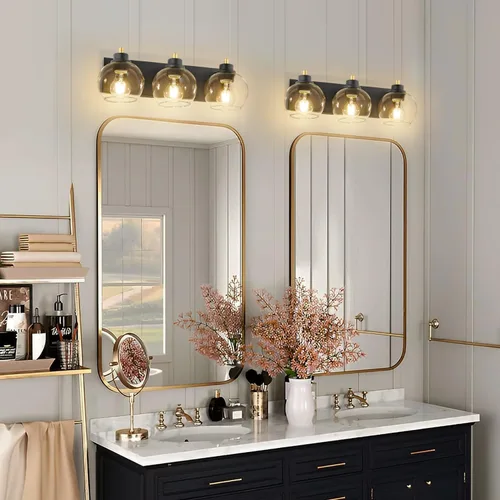 Miniatura 8 de Tuscarora Lámpara de tocador de baño de 3 luces, lámparas de baño negras y doradas, lámpara de tocador moderna con pantalla de vidrio transparente