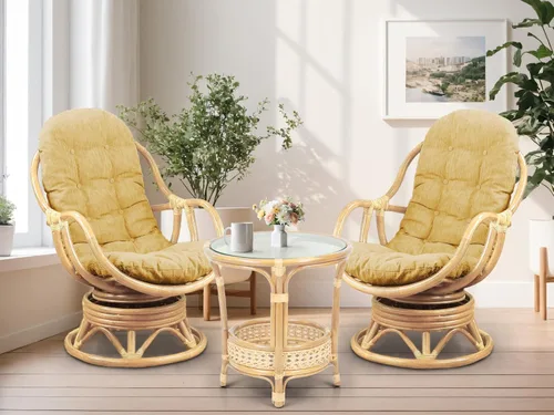 Miniatura 13 de Juego de 2 mecedoras giratorias Bali Lounge con cojín floral y mesa de centro redonda Pelangi, mimbre de ratán natural, hecho a mano, color colonial