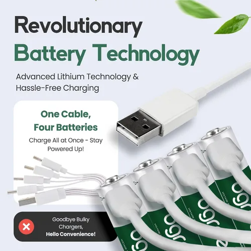 Miniatura 6 de bgreen Baterías AA recargables USB-C, paquete de 4, 3400 mWh, alto rendimiento, cable de carga 4 en 1 incluido, carga rápida de 1 hora