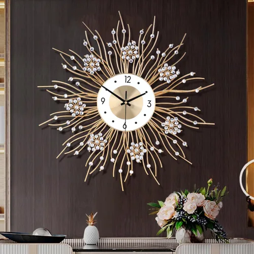 Miniatura 8 de Reloj de pared grande para decoración de sala de estar, sin tictac, silencioso, de metal, reloj de cuarzo, esfera moderna, con diamantes grandes