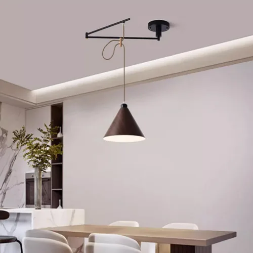 Miniatura 6 de Lámpara colgante ajustable con brazo oscilante, lámpara colgante de metal negro, lámpara de techo de grano de madera nórdica, iluminación moderna