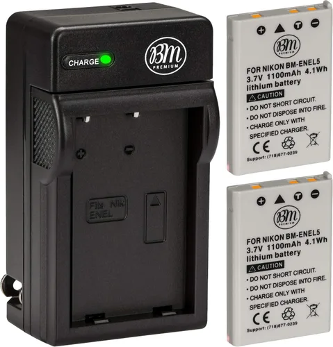 BM Premium Paquete de 2 baterías EN-EL5 y cargador de batería para cámara digital Nikon Coolpix P80, P90, P100, P500, P510, P520, P530
