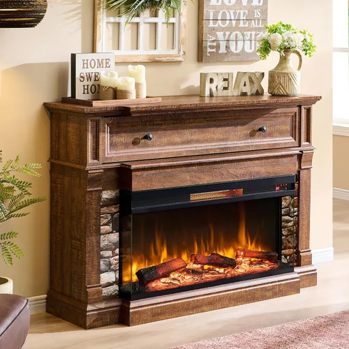 Miniatura 6 de OKD Chimenea eléctrica de 52" con repisa, chimenea independiente con inserto de vidrio de 3 lados de 36" para televisores de hasta 65" con gabinete