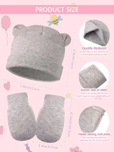 Miniatura 2 de Geyoga Juego de 12 guantes para recién nacido, gorro de algodón para bebés de 0 a 12 meses
