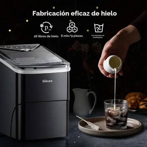 Miniatura 2 de Silonn - Máquina para hacer hielo con encimera, 9 cubos listos en 6 minutos, 26 libras en 24 horas, máquina de hielo autolimpiante con cuchara